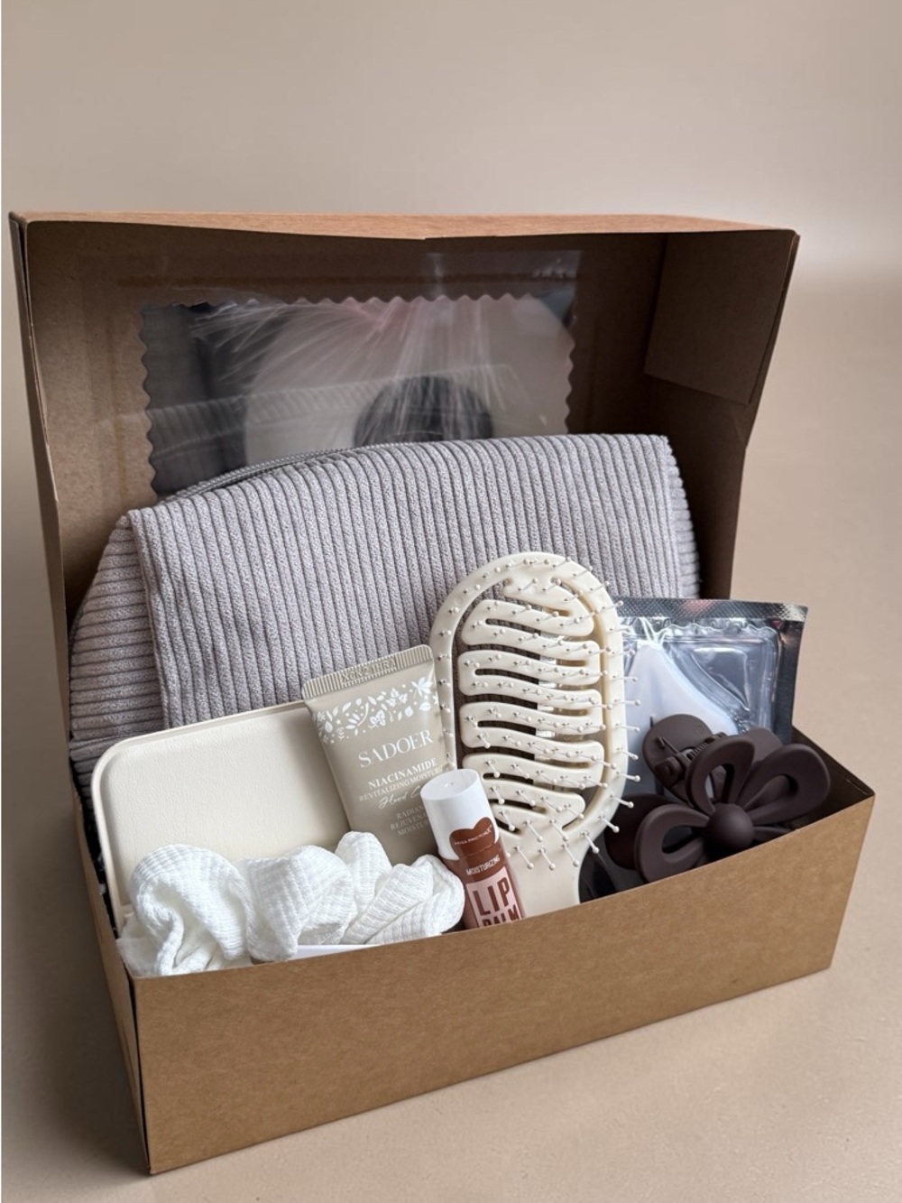 Neutral Self-Care Gift Box with Beige Ribbed Throw & Hair Brush